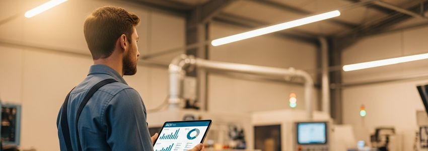 Business owner reviewing equipment lease ROI data on tablet in industrial facility