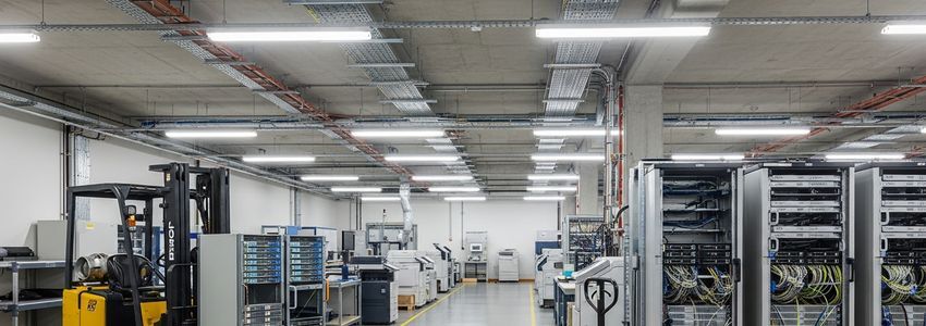 Industrial warehouse with leased business equipment including forklifts and commercial machinery