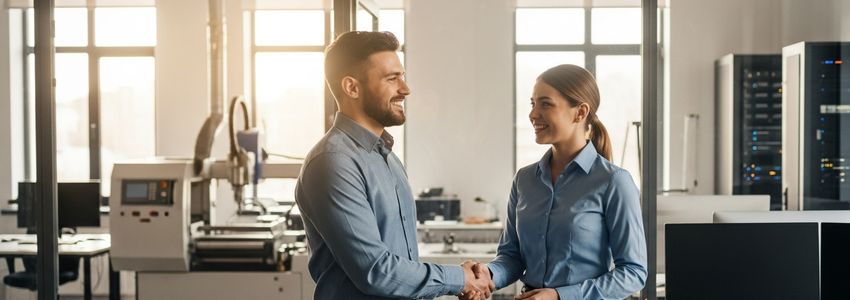 Business owner reviewing equipment leasing agreement with advisor in modern office