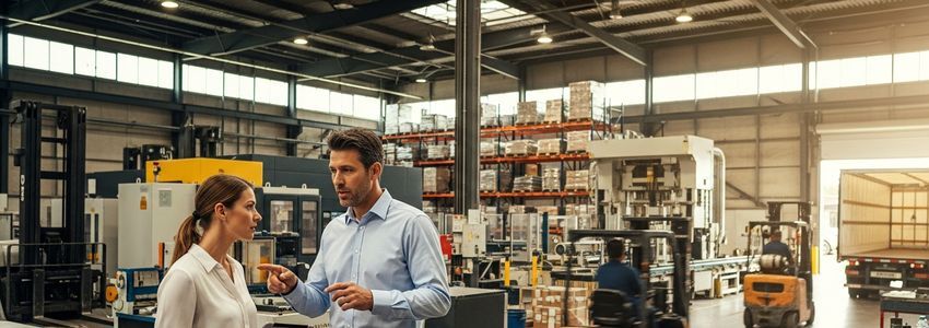 Business professionals reviewing equipment leasing options in a warehouse