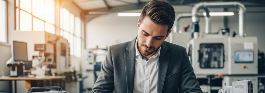 Business professional evaluating industrial equipment for leasing