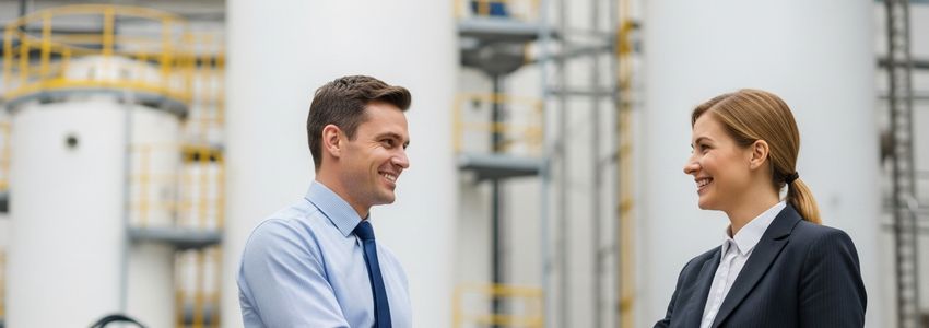 Small business owner reviewing equipment lease agreement with finance representative, industrial equipment visible in background