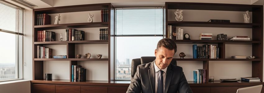 Business professional reviewing equipment lease agreement at office desk