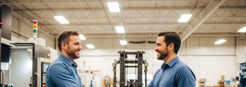 Business professionals reviewing equipment leasing options in a commercial facility