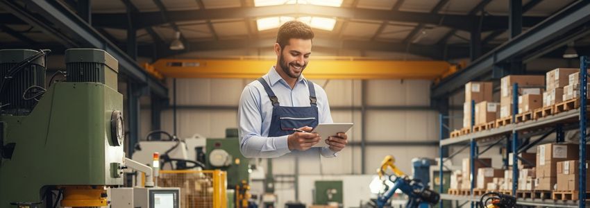 Business owner reviewing equipment financing options in industrial warehouse