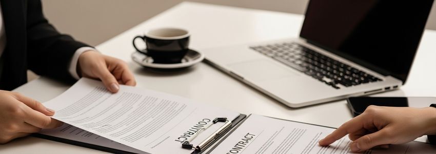Business owner reviewing equipment lease vs rental agreement documents at a modern office desk