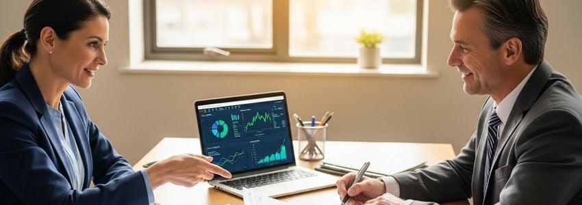 Business owner reviewing equipment financing rates with a lender at an office desk