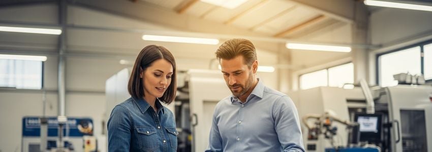 Business professionals reviewing equipment financing documentation in a manufacturing facility