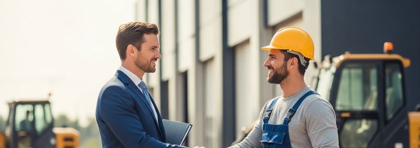 Business owner shaking hands with contractor at construction site - equipment loans help win bigger contracts
