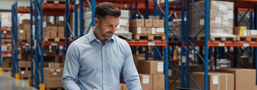 Business professional reviewing equipment financing documents in a warehouse with organized inventory shelving