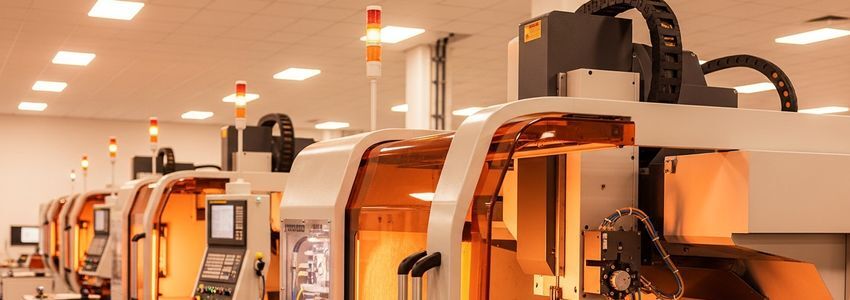 Modern automated manufacturing equipment on a factory floor, representing equipment loans used to replace manual production processes