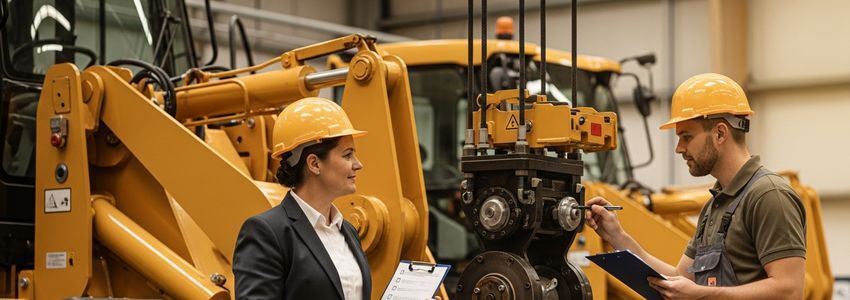 Business professional and technician conducting equipment maintenance inspection in industrial facility