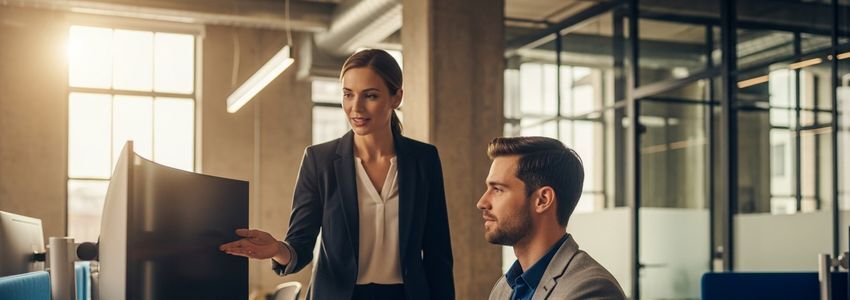 Business team using financed equipment during employee onboarding at a modern office