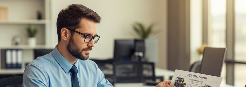 Business owner reviewing equipment financing documents at a professional office desk, discussing quality upgrade strategy