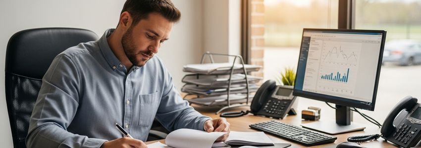 Equipment rental business owner reviewing loan options and financing documents