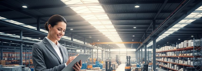 Business professional reviewing equipment sale-leaseback financing documents in a commercial warehouse setting