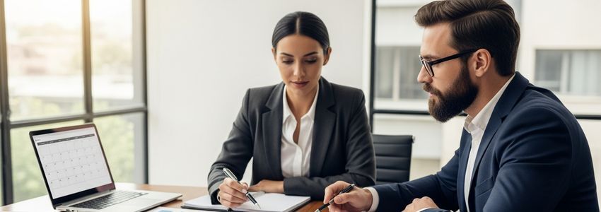 Business owner and financial advisor planning equipment purchase timeline with financing strategy