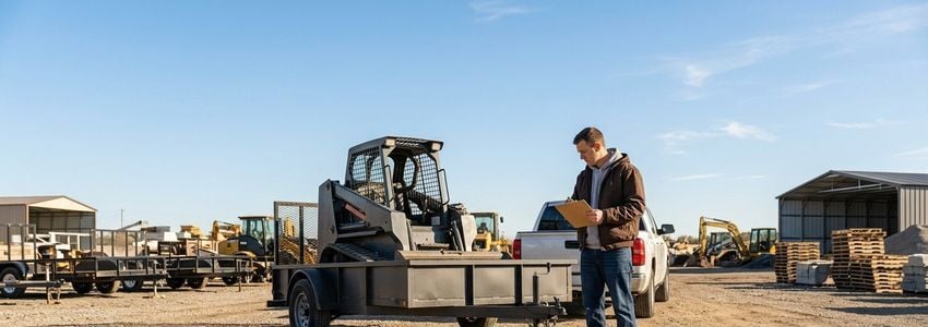 Construction business owner inspecting an equipment trailer loaded with machinery at a job site