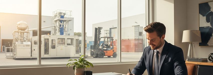 Business owner signing equipment upgrade financing documents in a professional office setting