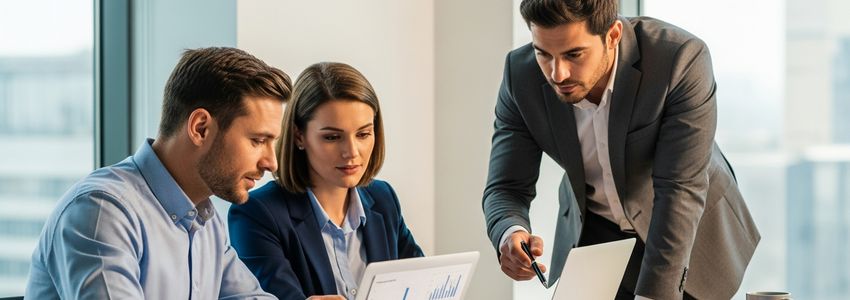 Business professionals reviewing equity crowdfunding investment documents in a modern office setting