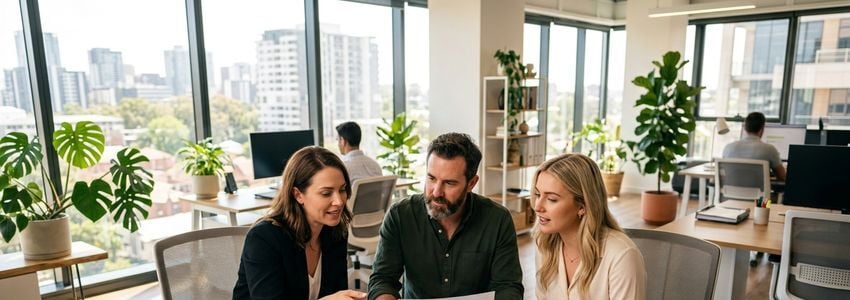 Small business team reviewing ERP implementation financing plans on a laptop in a modern office