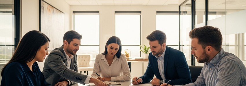 Escrow business team reviewing financial documents in a modern conference room