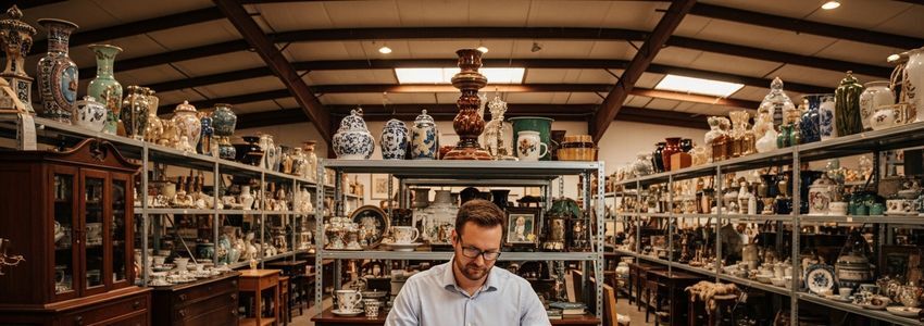 Estate sale company professionals organizing and staging estate items in a large commercial space with professional lighting