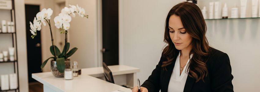 Esthetician reviewing business financing documents at a skin care studio reception desk