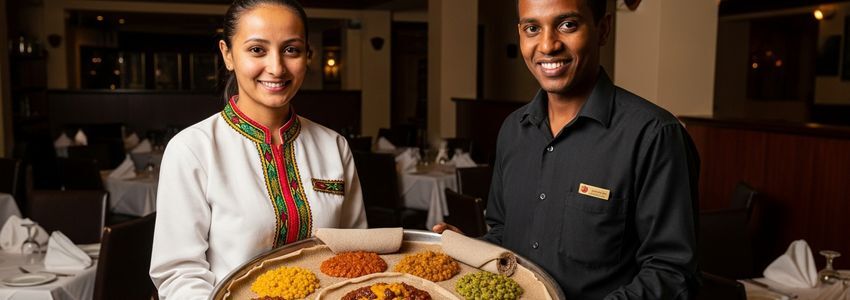 Ethiopian restaurant servers presenting traditional injera platter with colorful stews in a welcoming restaurant