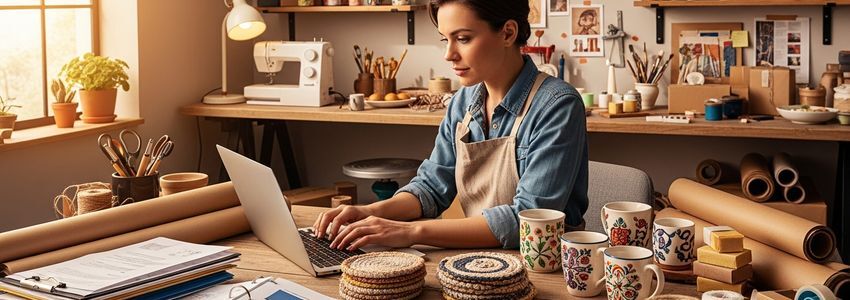 Etsy seller reviewing business loan options at their craft studio workspace