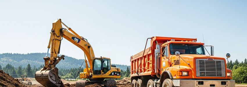 Construction contractor reviewing equipment loan financing documents at an Oregon job site with excavator in background