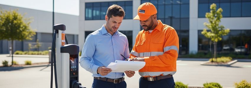 Business owner reviewing EV charging station financing plans with electrician at commercial property