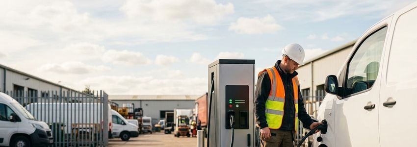 Fleet manager reviewing electric delivery van charging infrastructure at a commercial depot