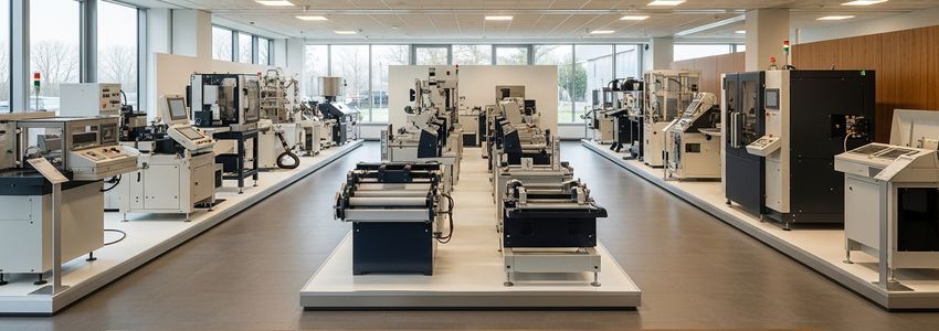 Equipment leasing showroom showing various commercial machines and financing options for business owners