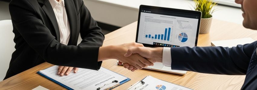 Business advisor reviewing EVEN Hotels franchise loan documents with hotel investor