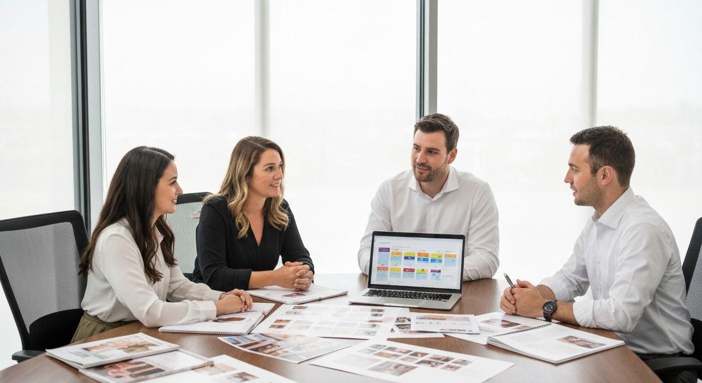 Event planning team reviewing event details at a modern conference table with mood boards and vendor catalogs