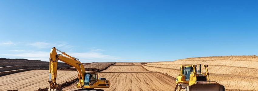 A contractor reviewing excavator financing documents at a construction site with heavy equipment in the background