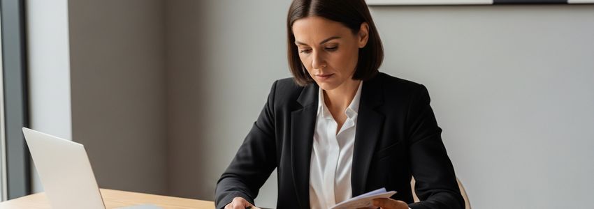 Business professional reviewing executive summary documents for investor presentation