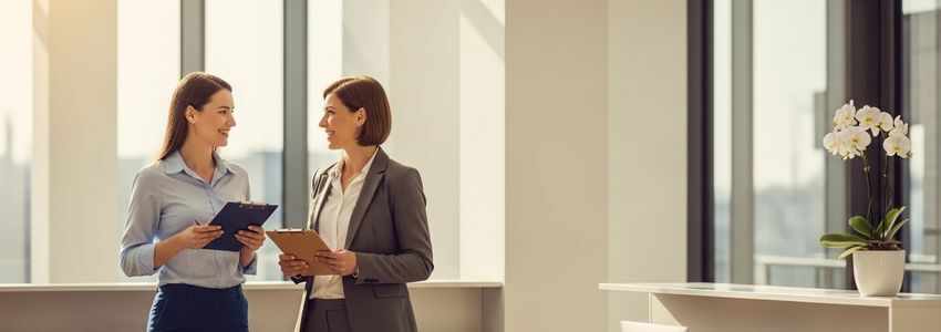 Business owner and financial advisor reviewing executive summary documents for a loan application in a professional office