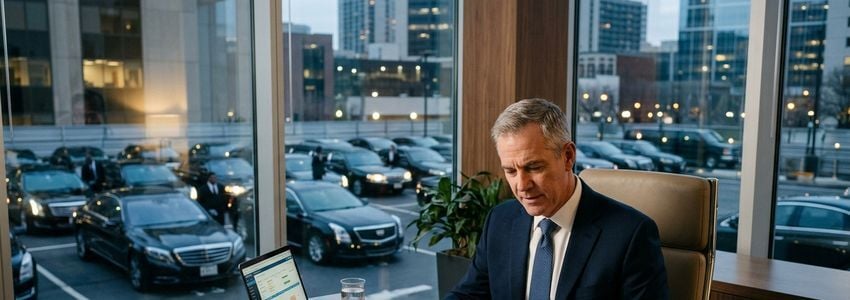 Limo company owner reviewing business loan documents with fleet visible through office windows