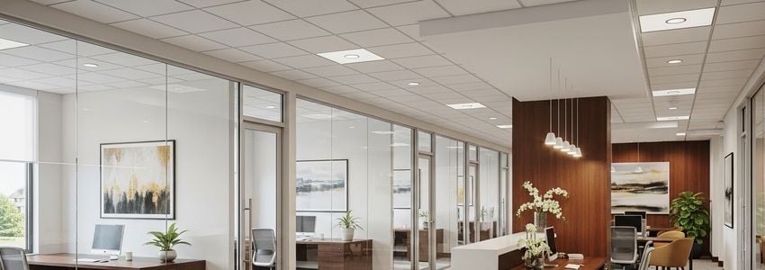 Modern executive suite business center interior with glass-walled private offices and professional workspace