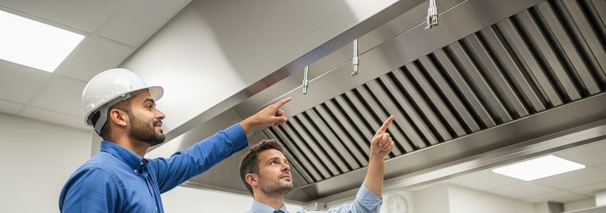 Restaurant owner and contractor reviewing a commercial exhaust hood system installation in a professional kitchen
