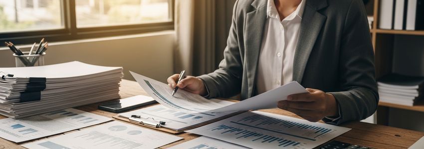 Business owner reviewing financial statements and charts in preparation for selling their business