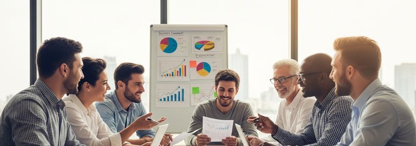 Small business team reviewing expansion plans in a modern office meeting room