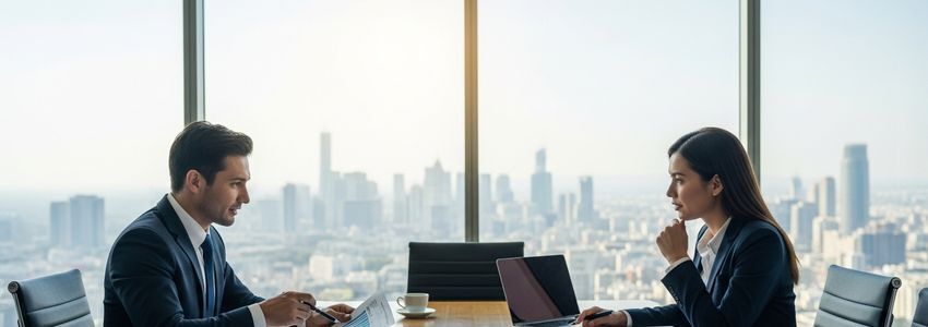 Two business professionals reviewing expansion financing documents in a modern conference room with city skyline view