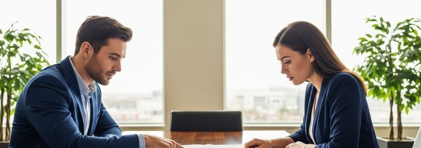 Two business professionals reviewing expansion financing documents and floor plans at a modern conference table