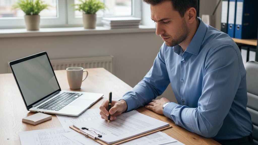 Business owner reviewing financing documents for expansion planning