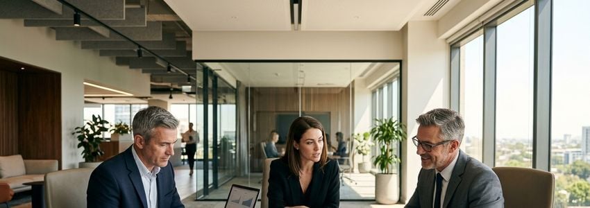 Business professionals reviewing expansion plans and financing options in a modern office conference room