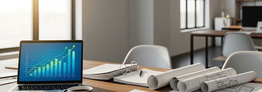Business professional reviewing expansion loan documents and growth plans in a modern office setting