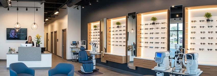 Modern optometry practice interior with optical frame display and examination equipment